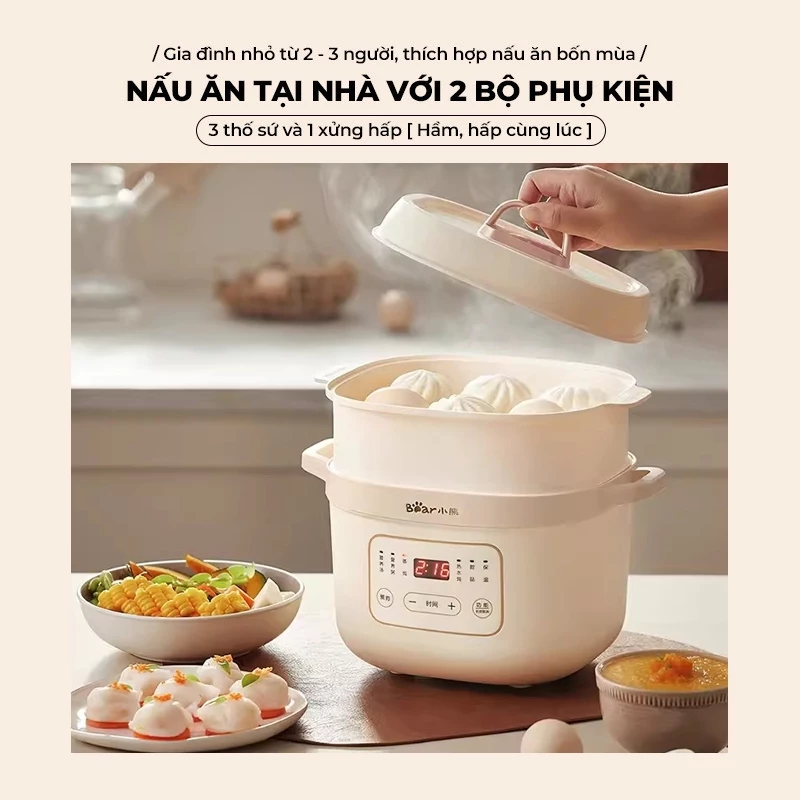 [TẶNG THỐ 0.8L] Nồi nấu chậm Bear 1.6L DDZ-D16C1, Kèm Lồng Hấp nấu cháo, ninh, hầm hẹn giờ,giữ nhiệt - 5