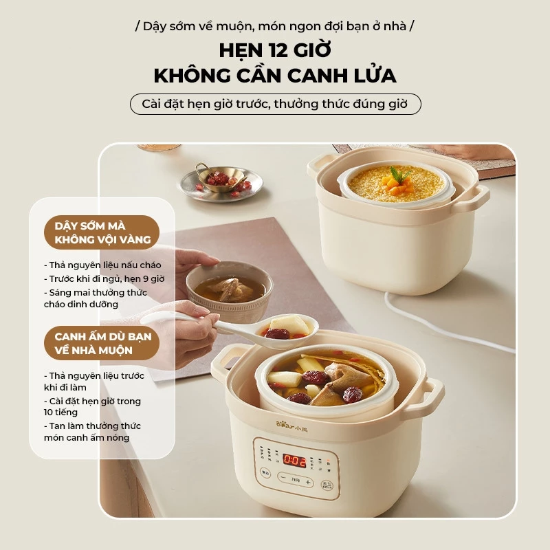 [TẶNG THỐ 0.8L] Nồi nấu chậm Bear 1.6L DDZ-D16C1, Kèm Lồng Hấp nấu cháo, ninh, hầm hẹn giờ,giữ nhiệt - 6