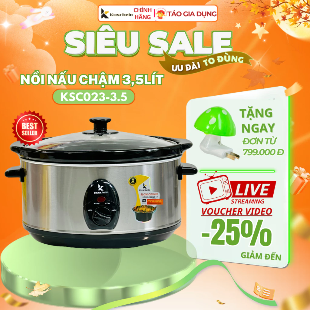 Nồi nấu chậm, nồi kho cá, nồi hầm KUSCHELN KSC023-3.5L - 3,5L, lòng sứ Ovan, tự ngắt chống cạn nước.