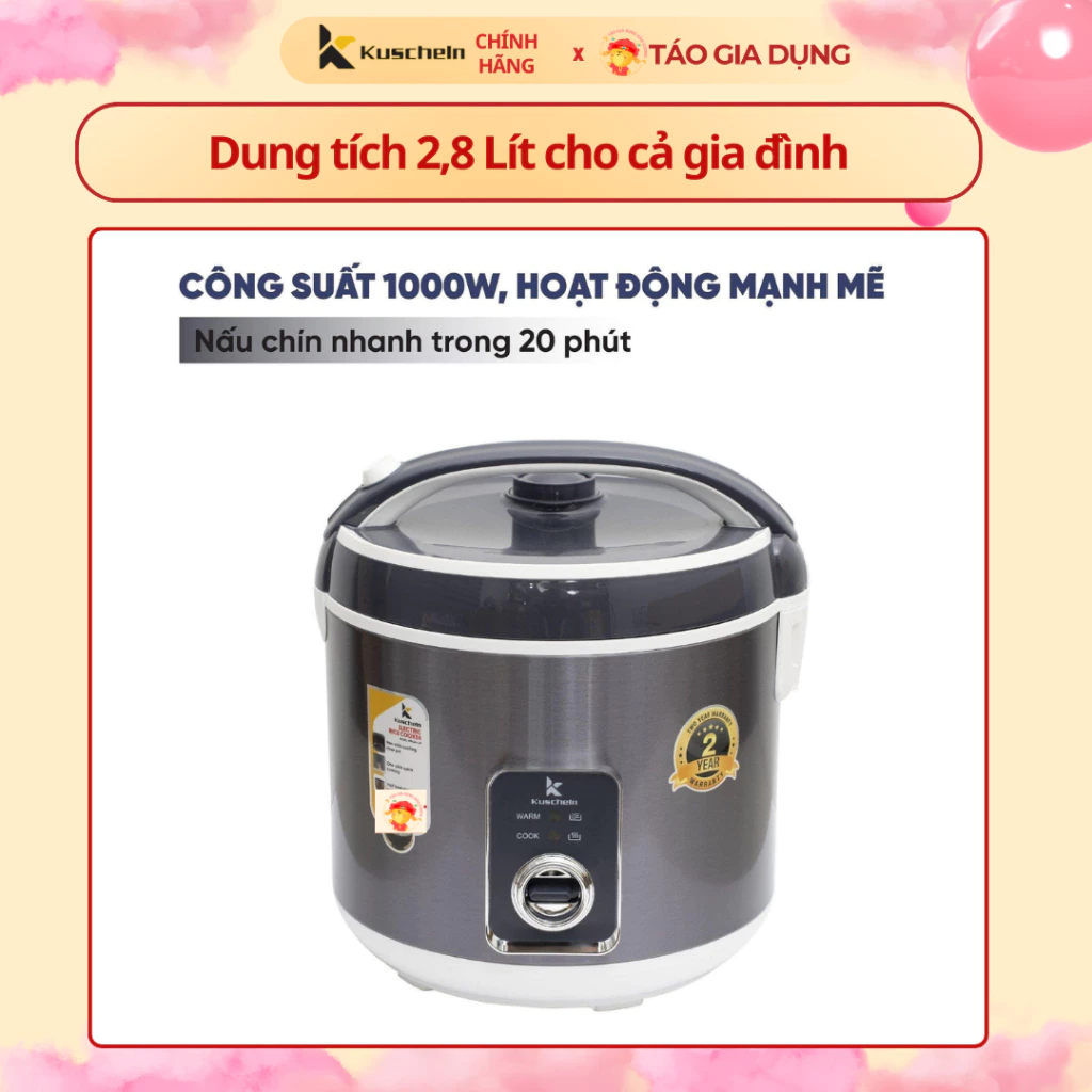Nồi cơm điện 2,8 Lít Kuscheln KRC24-2.8 - Lòng nồi dày, chống dính ceramic, nấu 3D cho cơm dẻo thơm