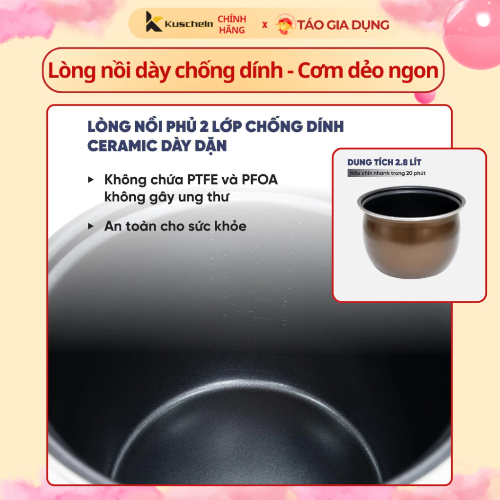 Nồi cơm điện 2,8 Lít Kuscheln KRC24-2.8 - Lòng nồi dày, chống dính ceramic, nấu 3D cho cơm dẻo thơm - 2