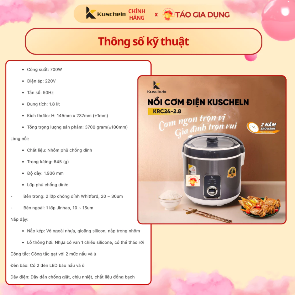 Nồi cơm điện 2,8 Lít Kuscheln KRC24-2.8 - Lòng nồi dày, chống dính ceramic, nấu 3D cho cơm dẻo thơm - 5