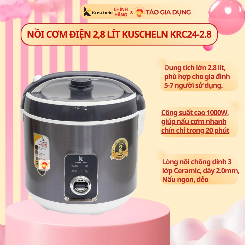 Nồi cơm điện 2,8 Lít Kuscheln KRC24-2.8 - Lòng nồi dày, chống dính ceramic, nấu 3D cho cơm dẻo thơm - 6
