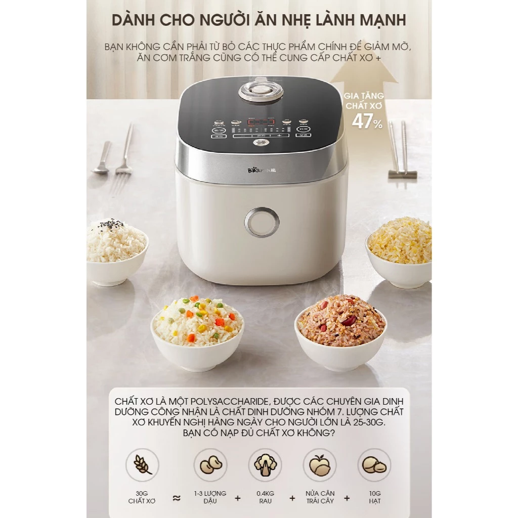 Nồi cơm điện 3L đa năng Bear DFB-D30T1, 600W, Lòng nồi 7 lớp chống dính, Cho 1-3 người ăn, BH 18 TH - 3