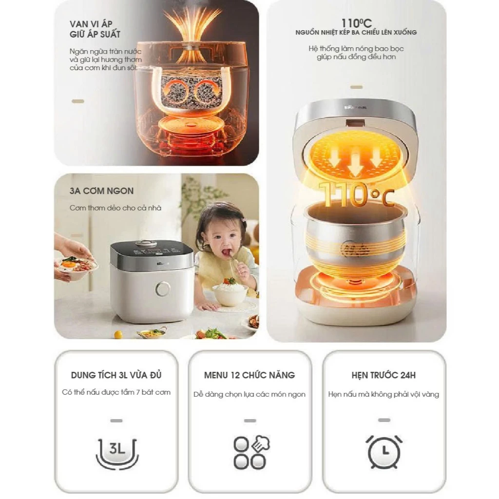 Nồi cơm điện 3L đa năng Bear DFB-D30T1, 600W, Lòng nồi 7 lớp chống dính, Cho 1-3 người ăn, BH 18 TH - 4