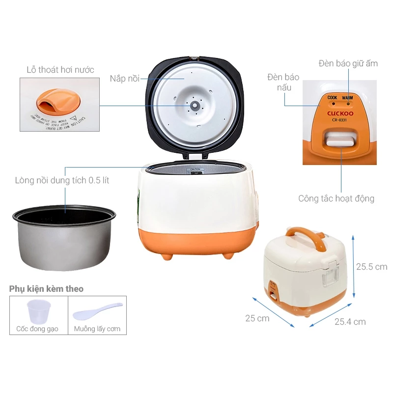 Nồi Cơm Điện Cuckoo CR-0331/IVDEVNCV Màu Ngà Dung Tích 0.5L - Bảo Hành Chính Hãng 24 Tháng - 2