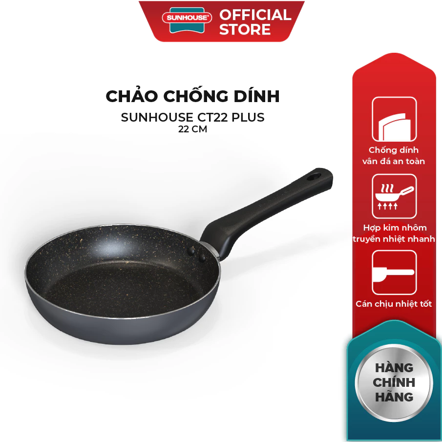 Chảo chống dính KHÔNG TỪ Sunhouse CT Plus - Đường kính: 18-20-22-24-26-28-30cm - KHÔNG DÙNG ĐƯỢC TRÊN BẾP TỪ