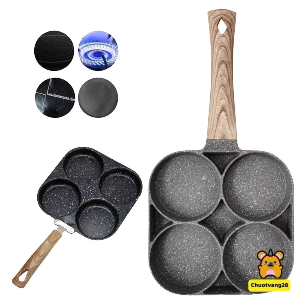 Chảo Chiên Rán Trứng Làm Bánh 4 Ngăn 3 Ngăn Chống Dính - Khuôn Chảo Chống Dính Tay Cầm Gỗ 4 ngăn nấu được mọi loại bếp