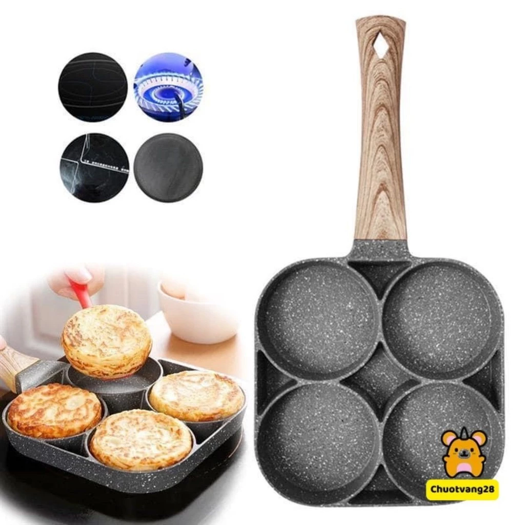 Chảo Chiên Rán Trứng Làm Bánh 4 Ngăn 3 Ngăn Chống Dính - Khuôn Chảo Chống Dính Tay Cầm Gỗ 4 ngăn nấu được mọi loại bếp - 2