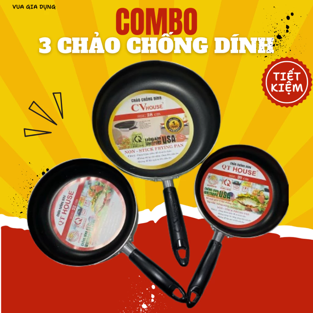 Combo 3 chảo chống dính 1 quai, đủ size, chảo chống dính đáy từ