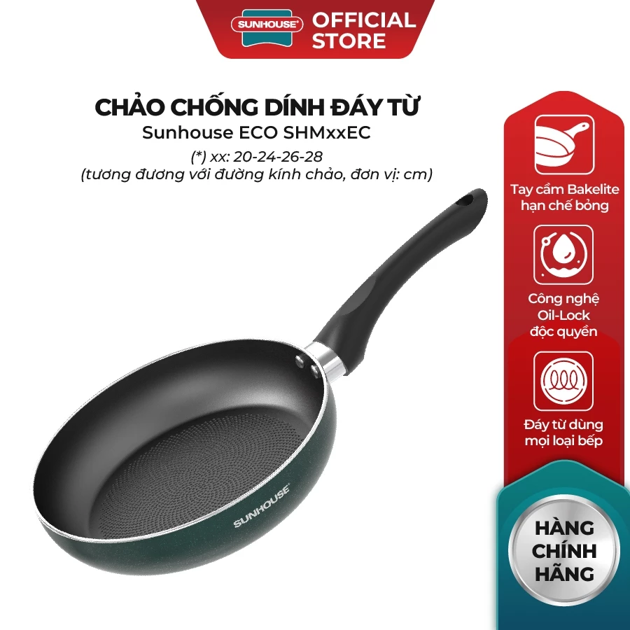 [Độc quyền Online] Chảo chống dính đáy từ Sunhouse ECO SHM20-24-26-28EC - Công nghệ Oil Lock chống cháy cục bộ