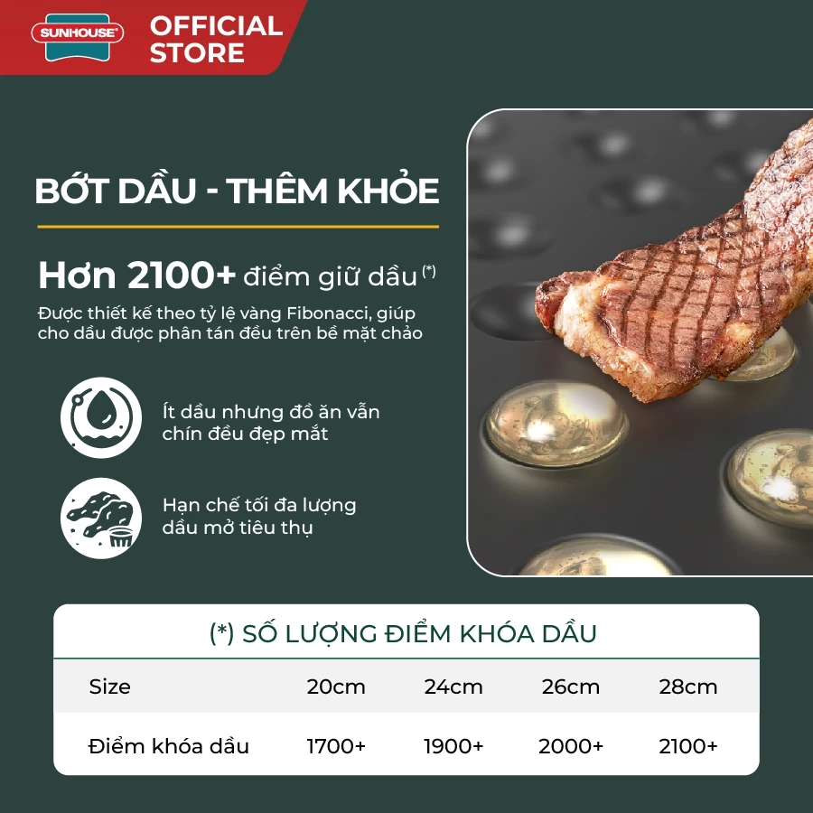 [Độc quyền Online] Chảo chống dính đáy từ Sunhouse ECO SHM20-24-26-28EC - Công nghệ Oil Lock chống cháy cục bộ - 5