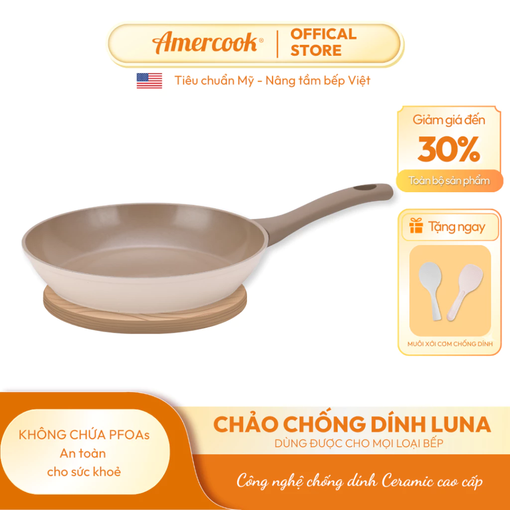 Chảo từ chống dính AMERCOOK Luna 20cm, 24cm, 26cm, 28cm – Nhôm Ceramic cao cấp, đạt tiêu chuẩn Mỹ, dùng mọi loại bếp