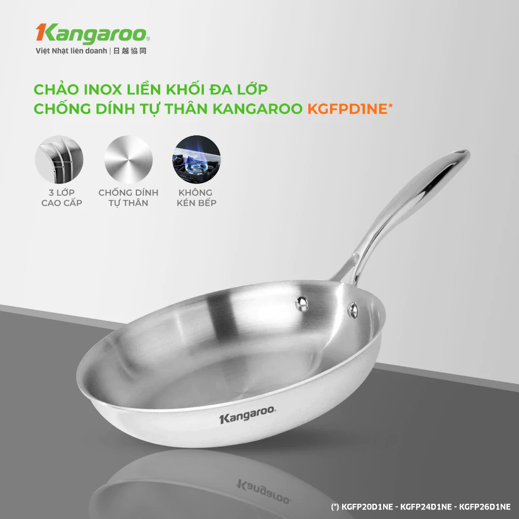 [ĐỘC QUYỀN] Chảo Inox liền khối đa lớp chống dính tự thân Kangaroo KGFPD1NE kích thước 20-24-26cm