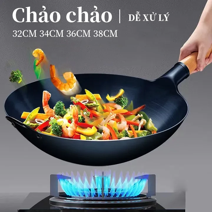 Chảo Thép Cacbon không tráng phủ,không dễ rỉ,tôi dầu sẵn-chống dính tốt, cán gỗ,đáy tròn-chảo nhà hàng,gia đình lớp - 2