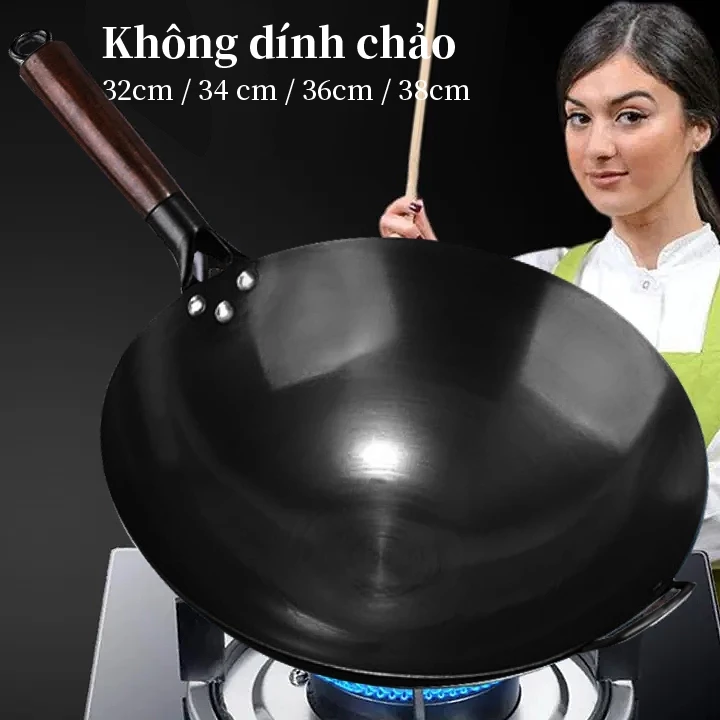 Chảo Thép Cacbon không tráng phủ,không dễ rỉ,tôi dầu sẵn-chống dính tốt, cán gỗ,đáy tròn-chảo nhà hàng,gia đình lớp - 3