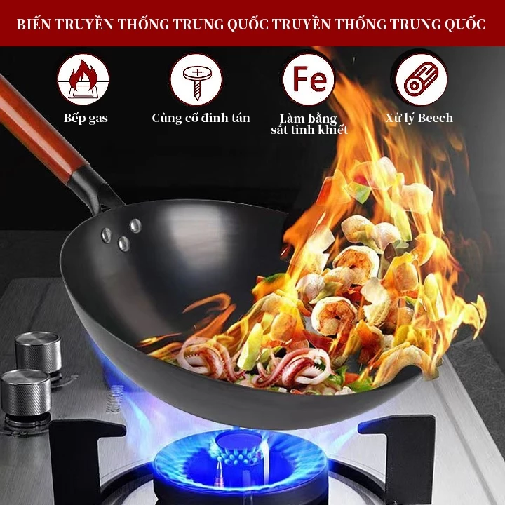 Chảo Thép Cacbon không tráng phủ,không dễ rỉ,tôi dầu sẵn-chống dính tốt, cán gỗ,đáy tròn-chảo nhà hàng,gia đình lớp - 4