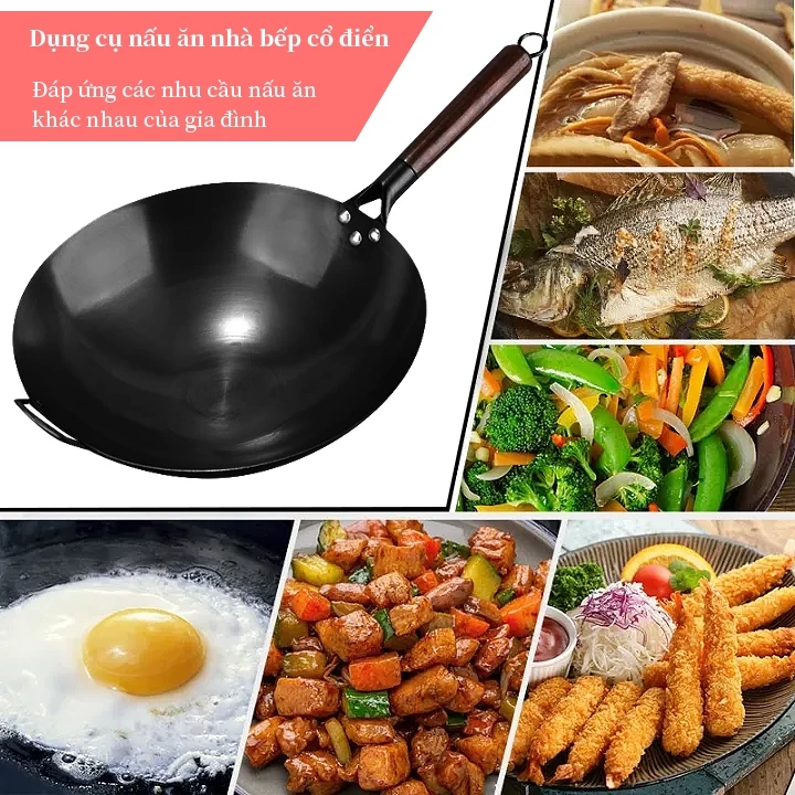 Chảo Thép Cacbon không tráng phủ,không dễ rỉ,tôi dầu sẵn-chống dính tốt, cán gỗ,đáy tròn-chảo nhà hàng,gia đình lớp - 5