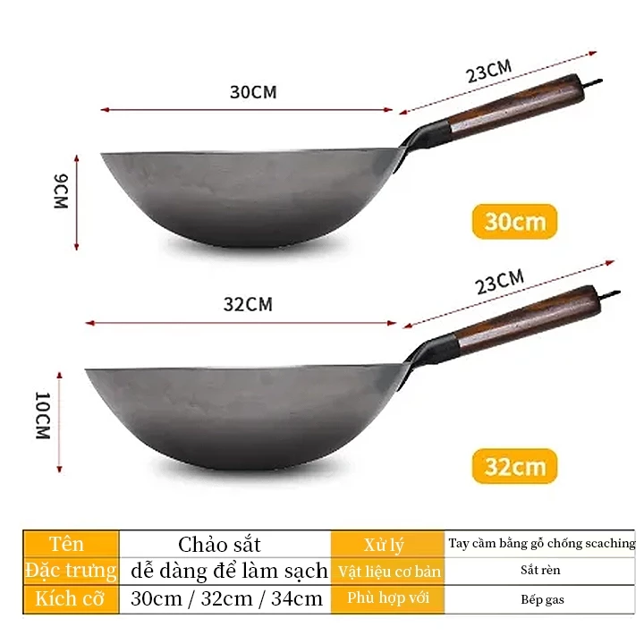 Chảo Thép Cacbon không tráng phủ,không dễ rỉ,tôi dầu sẵn-chống dính tốt, cán gỗ,đáy tròn-chảo nhà hàng,gia đình lớp - 6