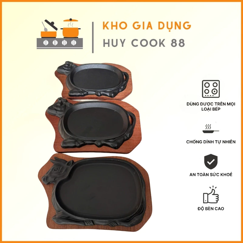 Chảo Gang Chống Dính Đầu Bò Cỡ Đại Kèm Đế Gỗ HUYCOOK88 Chảo Bò Né, Bít Tết, Món Nóng... Lót Đế Gỗ Chống Dính