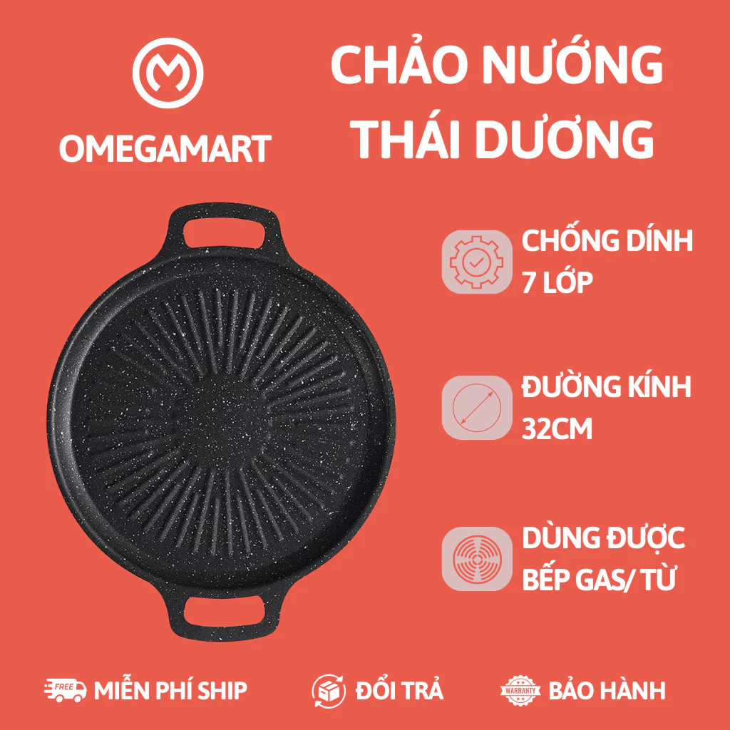 Chảo Nướng Đá Thái Dương 32cm – Chống Dính Không Dầu, Dùng Mọi Loại Bếp, Nướng Thịt BBQ Tại Nhà