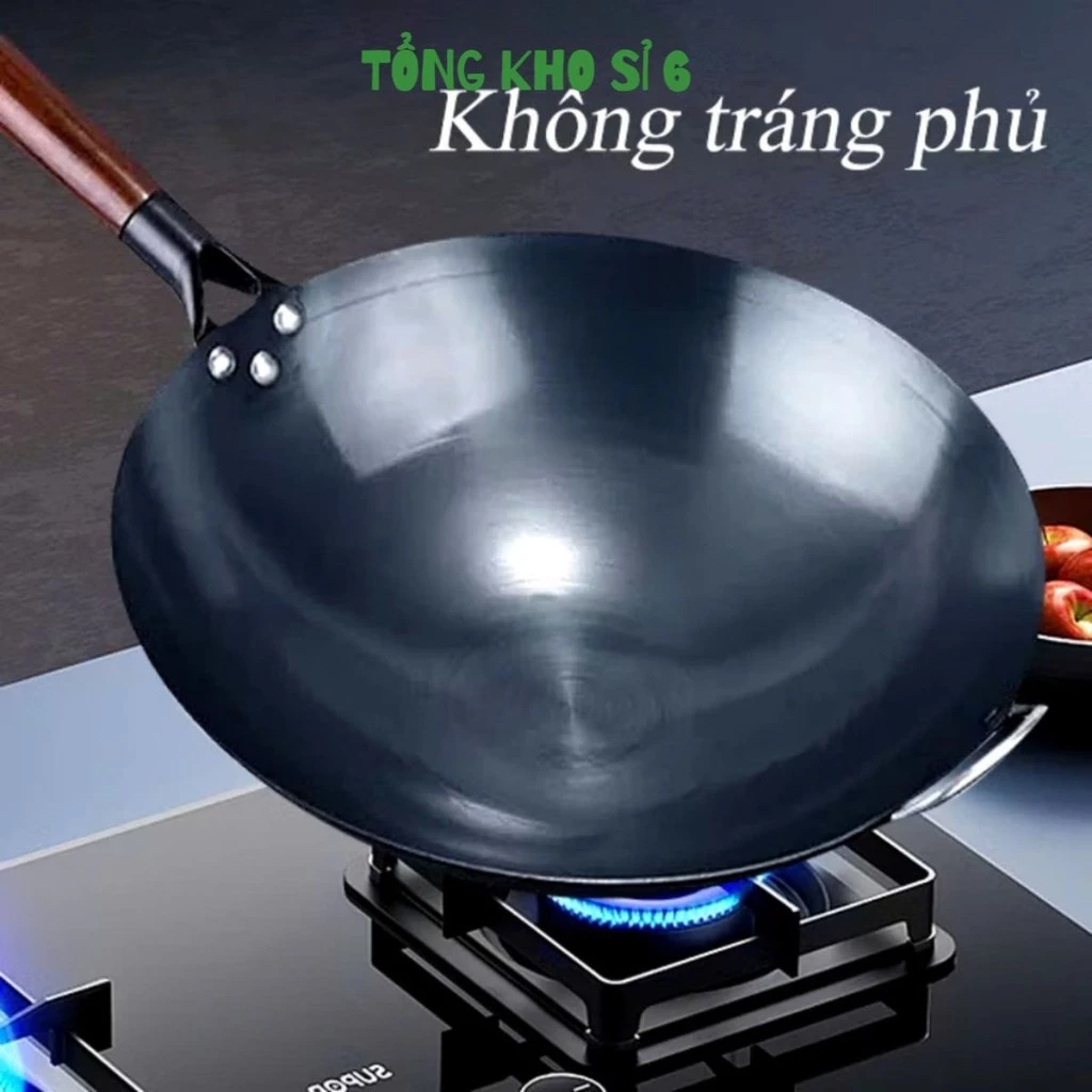 CHẢO XÀO SIZE 32, Chảo Thép chống dính Chiên Xào,Chảo thép tôi sẵn kháng rỉ, Chống Dính Cán Gỗ Sồi Cao CẤP-MA:CHÃOXAO