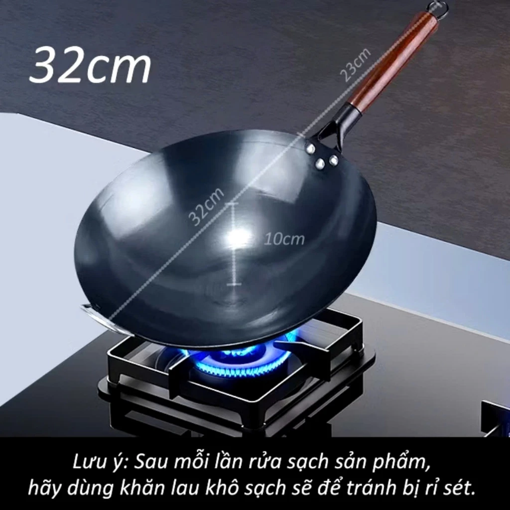 CHẢO XÀO SIZE 32, Chảo Thép chống dính Chiên Xào,Chảo thép tôi sẵn kháng rỉ, Chống Dính Cán Gỗ Sồi Cao CẤP-MA:CHÃOXAO - 2