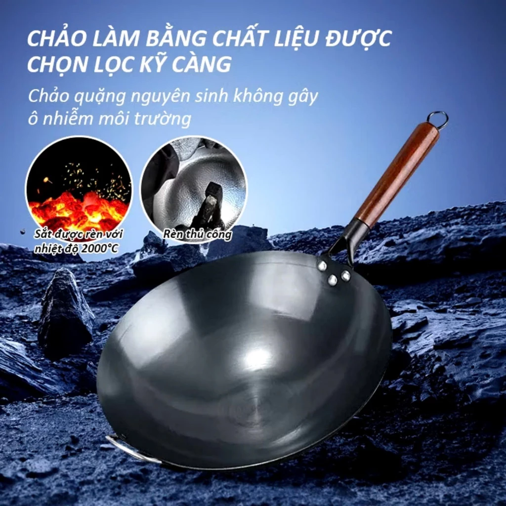 CHẢO XÀO SIZE 32, Chảo Thép chống dính Chiên Xào,Chảo thép tôi sẵn kháng rỉ, Chống Dính Cán Gỗ Sồi Cao CẤP-MA:CHÃOXAO - 3