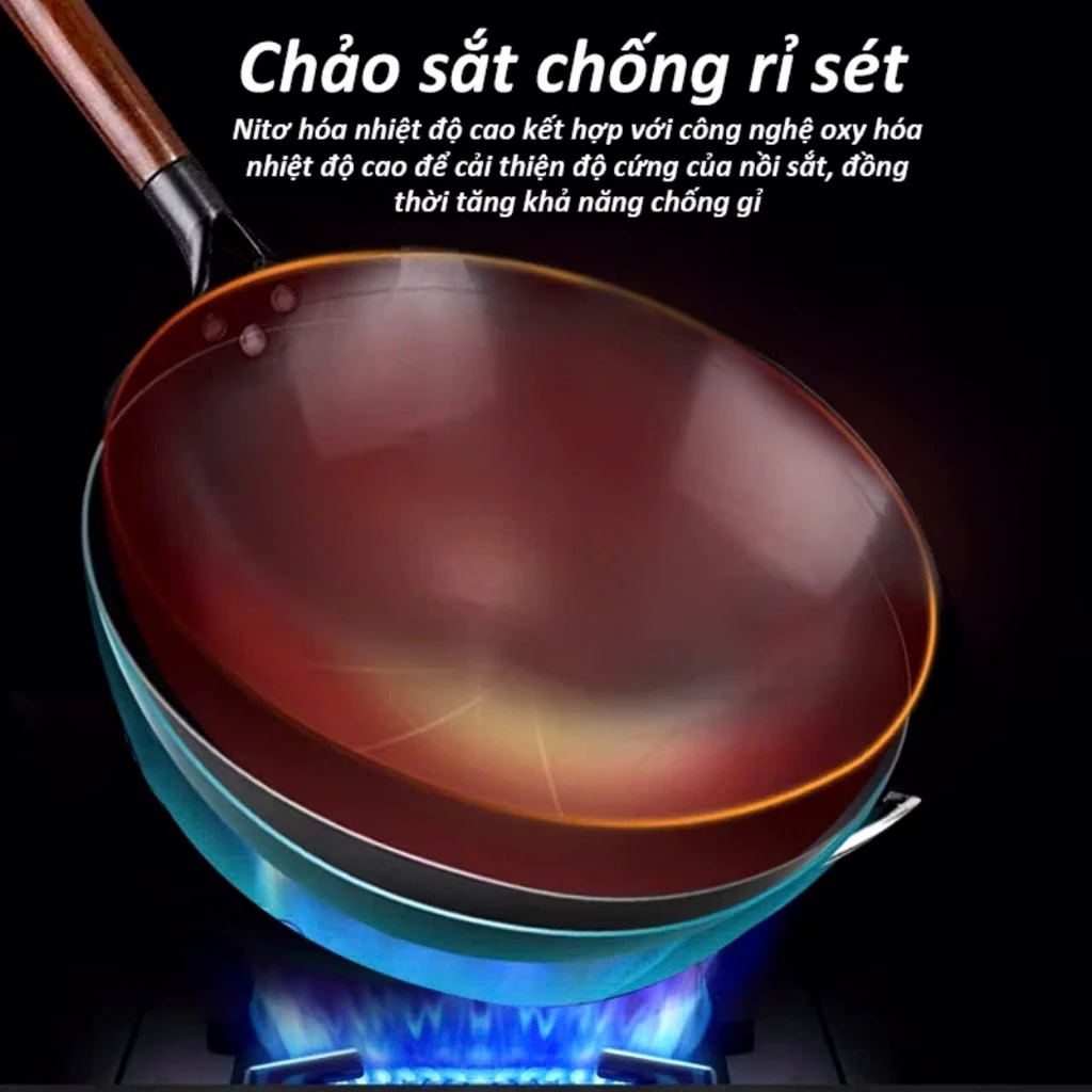 CHẢO XÀO SIZE 32, Chảo Thép chống dính Chiên Xào,Chảo thép tôi sẵn kháng rỉ, Chống Dính Cán Gỗ Sồi Cao CẤP-MA:CHÃOXAO - 4