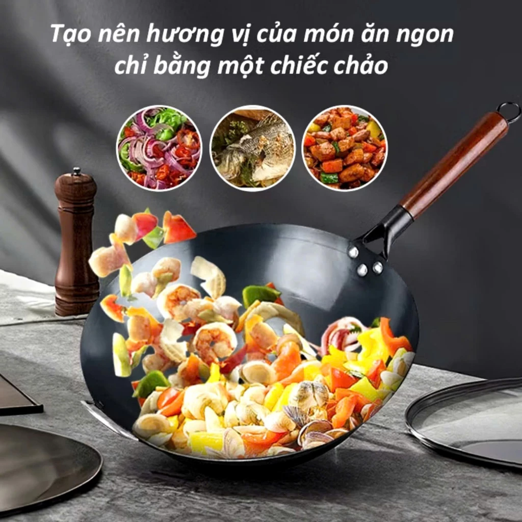 CHẢO XÀO SIZE 32, Chảo Thép chống dính Chiên Xào,Chảo thép tôi sẵn kháng rỉ, Chống Dính Cán Gỗ Sồi Cao CẤP-MA:CHÃOXAO - 5