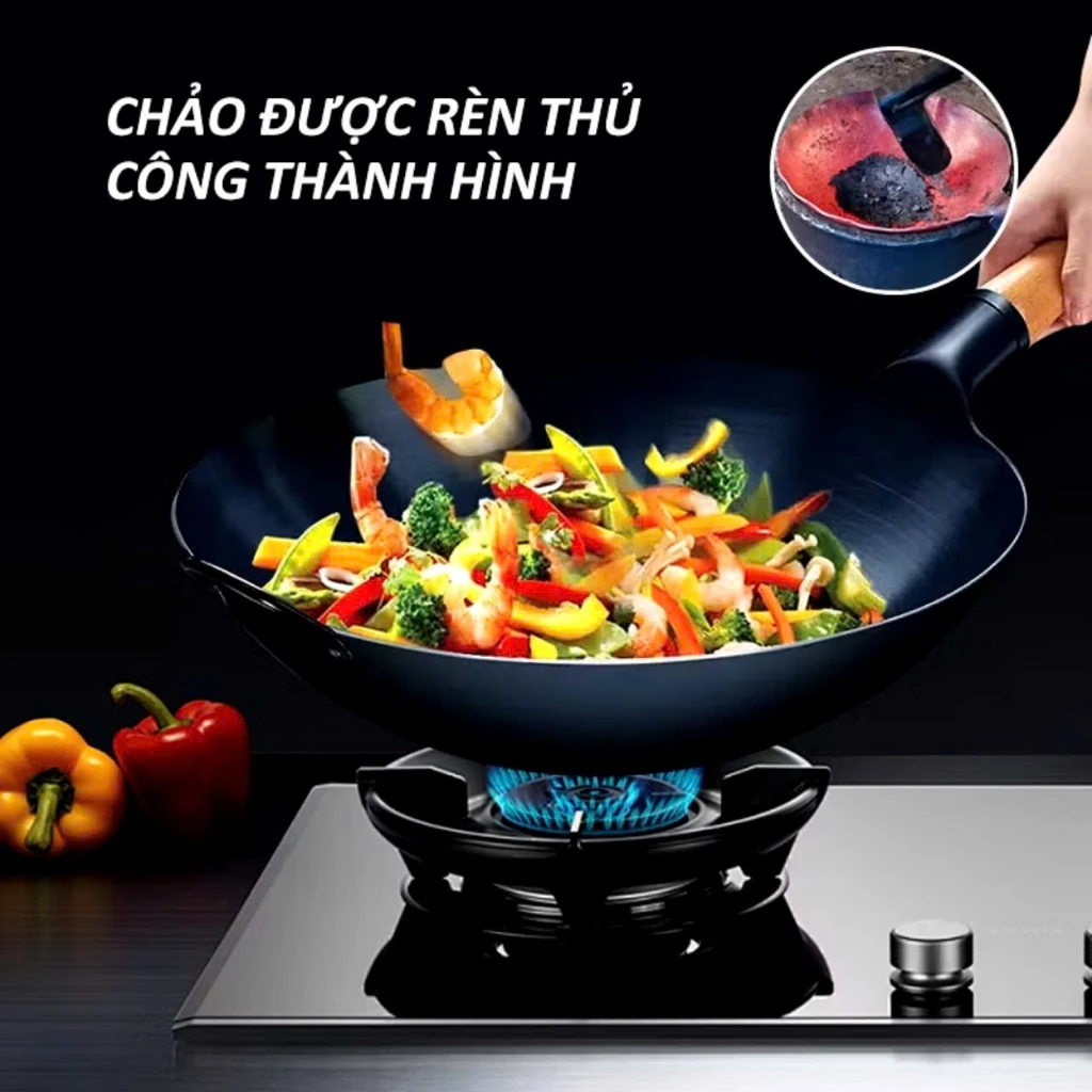 CHẢO XÀO SIZE 32, Chảo Thép chống dính Chiên Xào,Chảo thép tôi sẵn kháng rỉ, Chống Dính Cán Gỗ Sồi Cao CẤP-MA:CHÃOXAO - 6