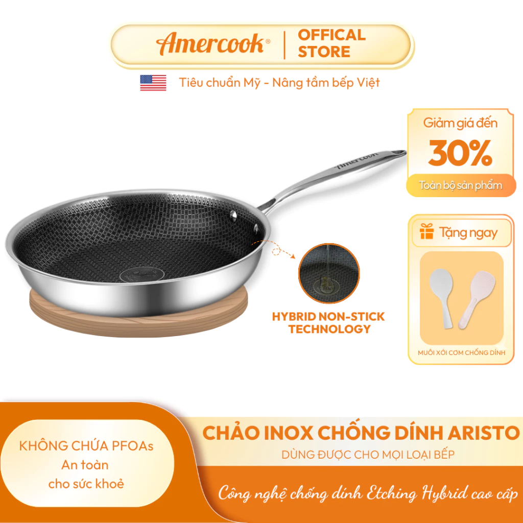 Chảo inox 304 Aristo AMERCOOK 20,24,28cm - Chảo inox chống dính tổ ong nguyên khối 3 lớp, chảo bếp từ, đạt tiêu chuẩn Mỹ