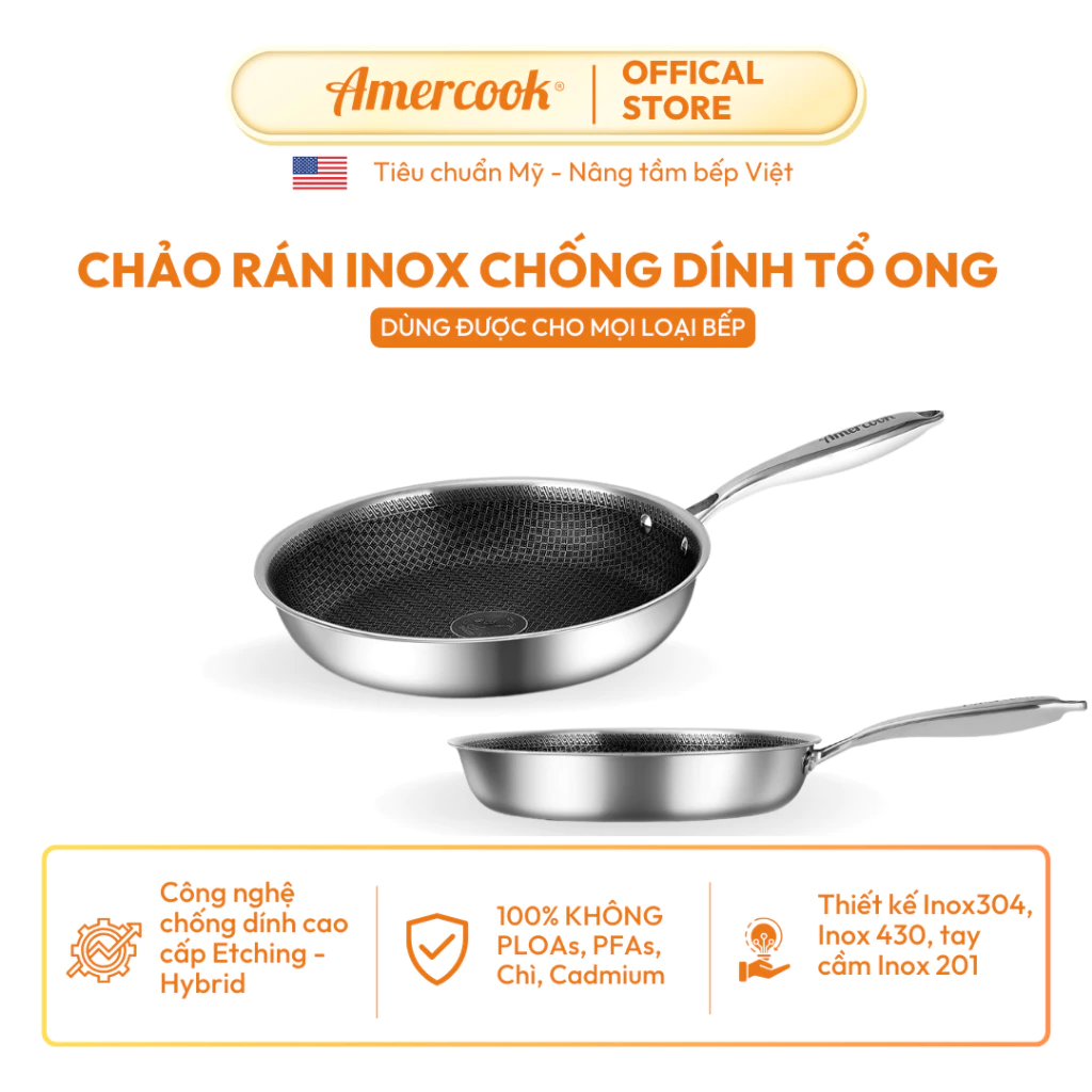 Chảo inox 304 Aristo AMERCOOK 20,24,28cm - Chảo inox chống dính tổ ong nguyên khối 3 lớp, chảo bếp từ, đạt tiêu chuẩn Mỹ - 2