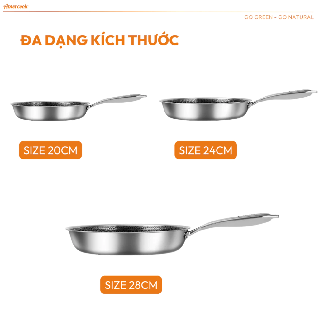 Chảo inox 304 Aristo AMERCOOK 20,24,28cm - Chảo inox chống dính tổ ong nguyên khối 3 lớp, chảo bếp từ, đạt tiêu chuẩn Mỹ - 3