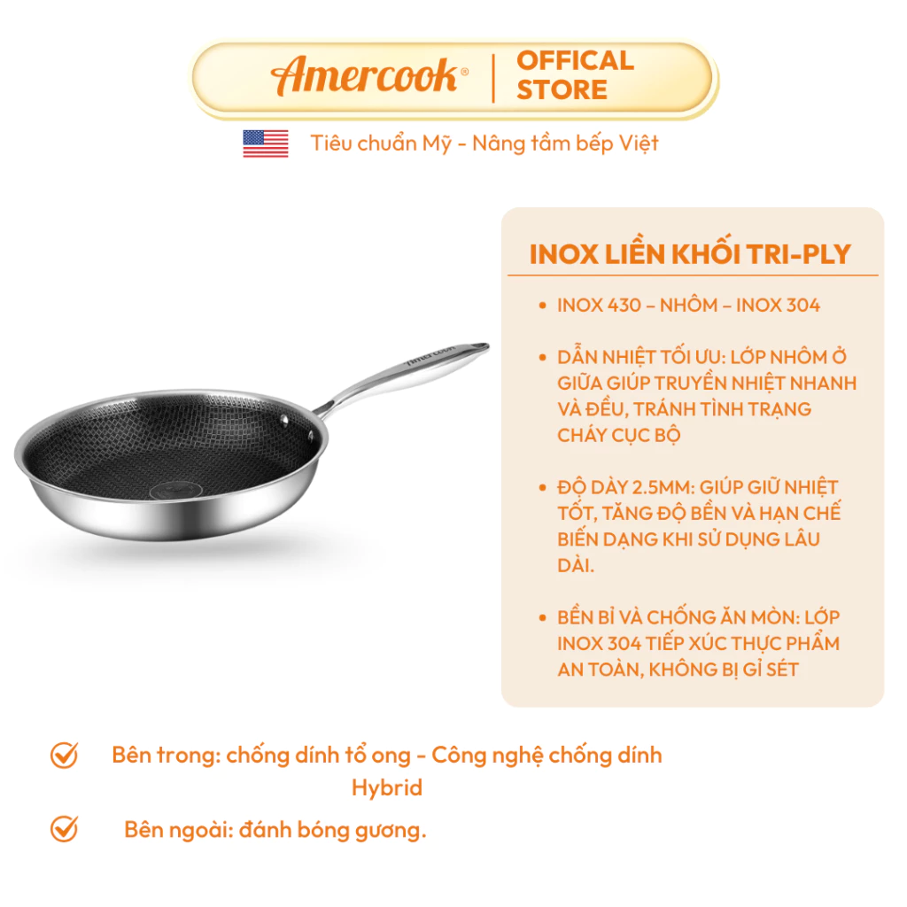Chảo inox 304 Aristo AMERCOOK 20,24,28cm - Chảo inox chống dính tổ ong nguyên khối 3 lớp, chảo bếp từ, đạt tiêu chuẩn Mỹ - 4
