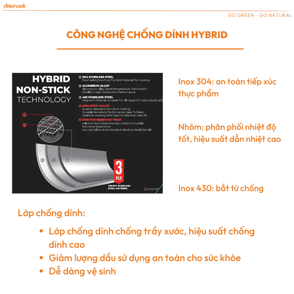 Chảo inox 304 Aristo AMERCOOK 20,24,28cm - Chảo inox chống dính tổ ong nguyên khối 3 lớp, chảo bếp từ, đạt tiêu chuẩn Mỹ - 6