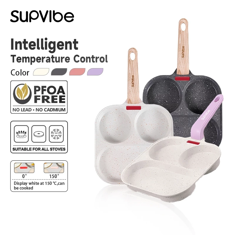 SUPVIBE Chảo chống dính chiên trứng cuộn 3 ngăn đáy từ,Chảo chiên ốp trứng dùng được bếp gas/ bếp từ