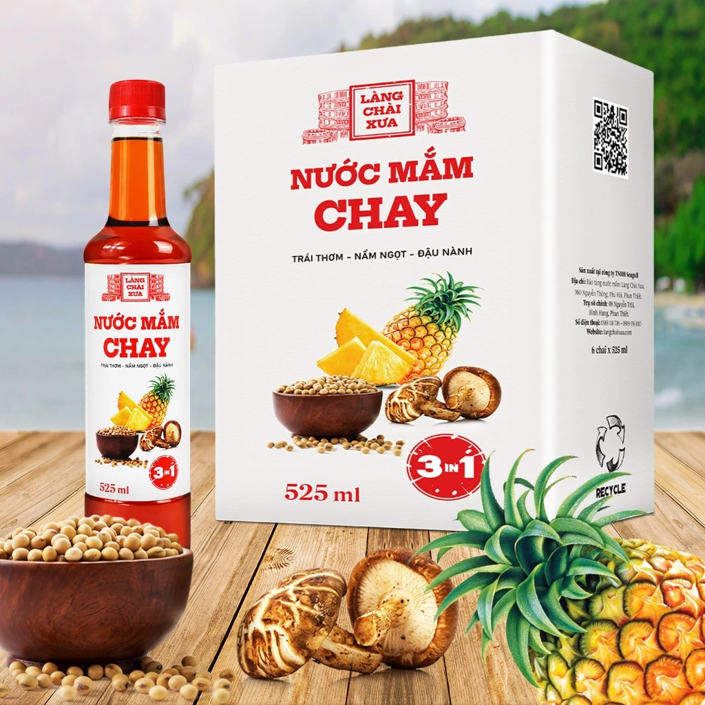 [TẶNG 1 NƯỚC TƯƠNG 125ML] Thùng 6 chai nước mắm CHAY 3 trong 1 Làng Chài Xưa 525ml trái thơm nấm ngọt đậu nành