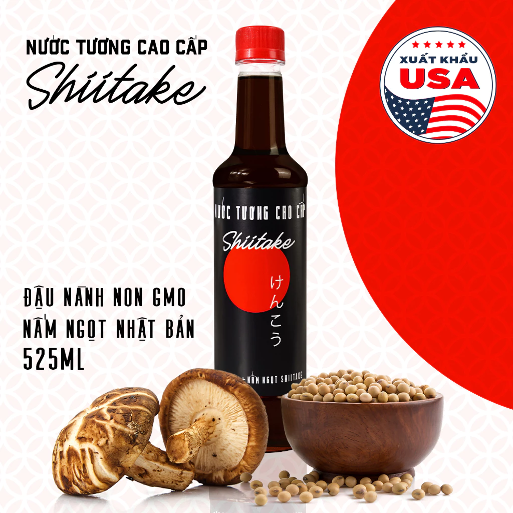 [525ml] Nước tương cao cấp Shiitake lên men tự nhiên từ đậu nành và nấm ngọt Shiitake, chai nhựa Làng Chài Xưa