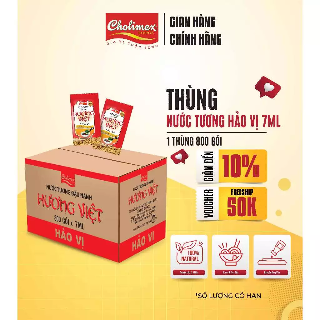 Thùng Nước tương Hương Việt Hảo Vị gói Cholimex siêu tiện lợi cho quán ăn, du lịch. 800 gói/thùng