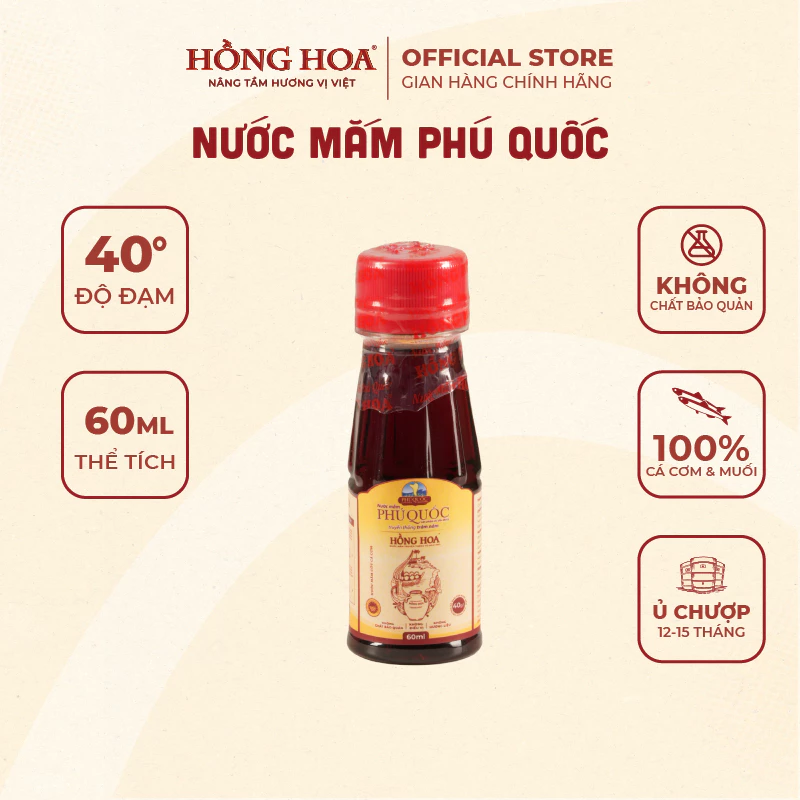 Nước Mắm Phú Quốc Hồng Hoa 40 độ đạm 60ml, Nước Mắm Nhĩ Cá Cơm Truyền Thống - 5