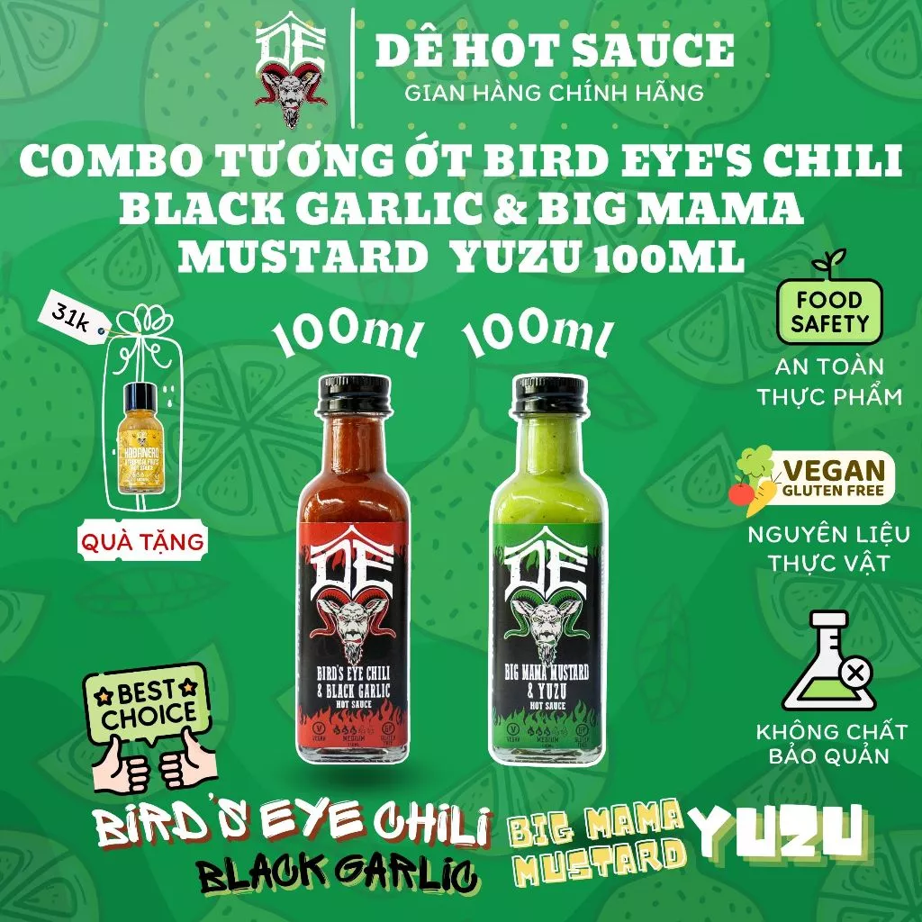 Combo 2 Tương Ớt Cay Vừa Xông Khói Tỏi Đen & Tương Ớt Big Mama Mustard Yuzu Dê Hot Sauce