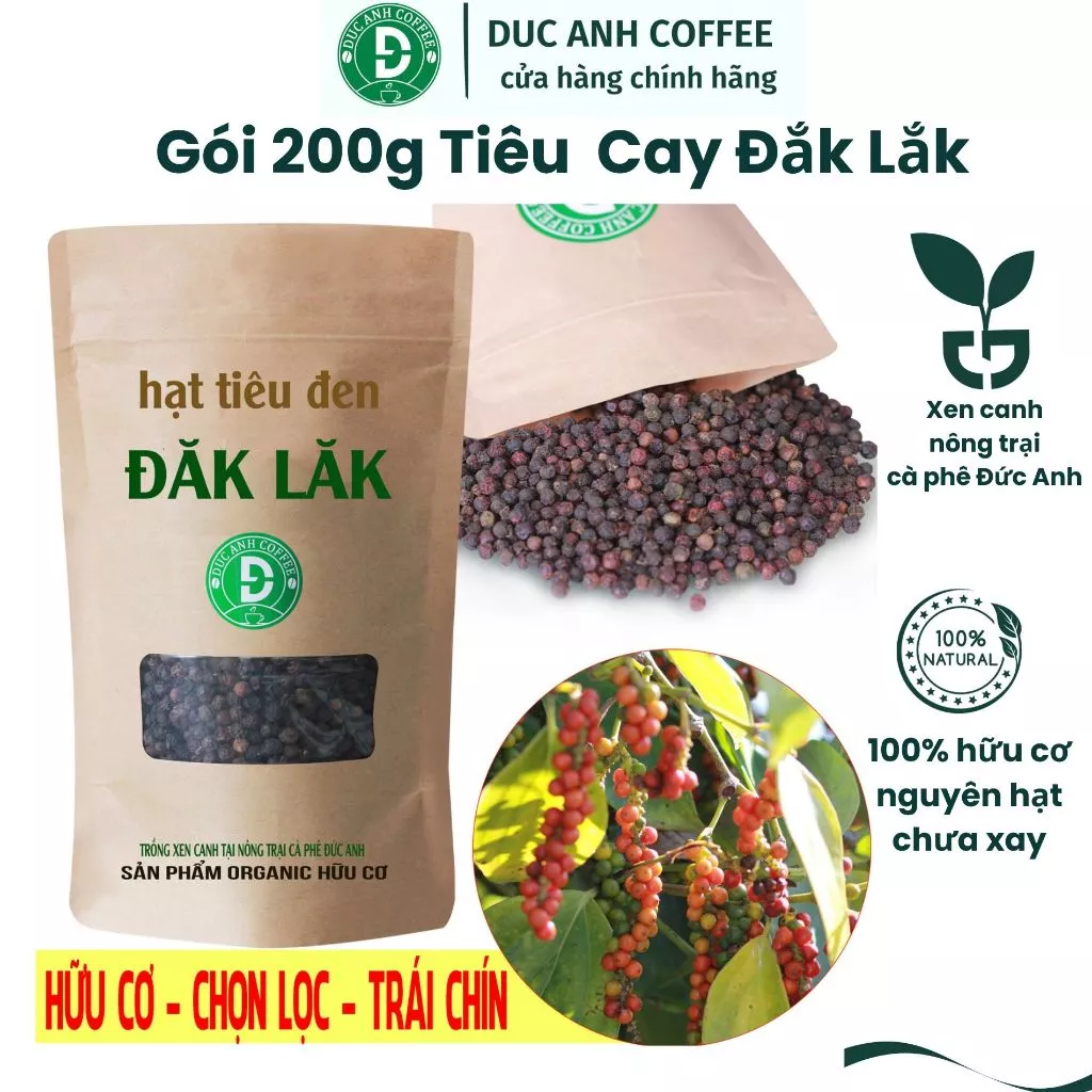 Gói 200g tiêu đen sạch nguyên hạt chưa xay, thơm chắc hạt từ nông trại cà phê Đức Anh