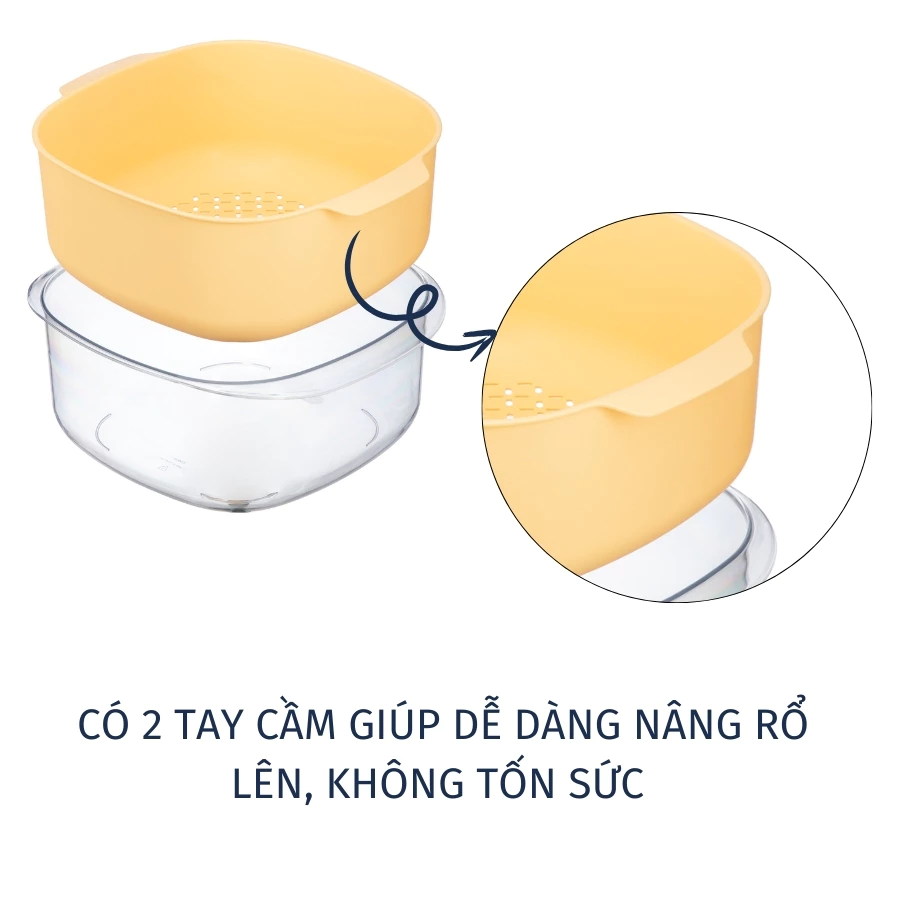 Bộ thau rổ nhựa vuông inochi Yoko chính hãng, rổ to kèm thau trong suốt đựng rửa rau tiện lợi, an toàn, kháng khuẩn - 3