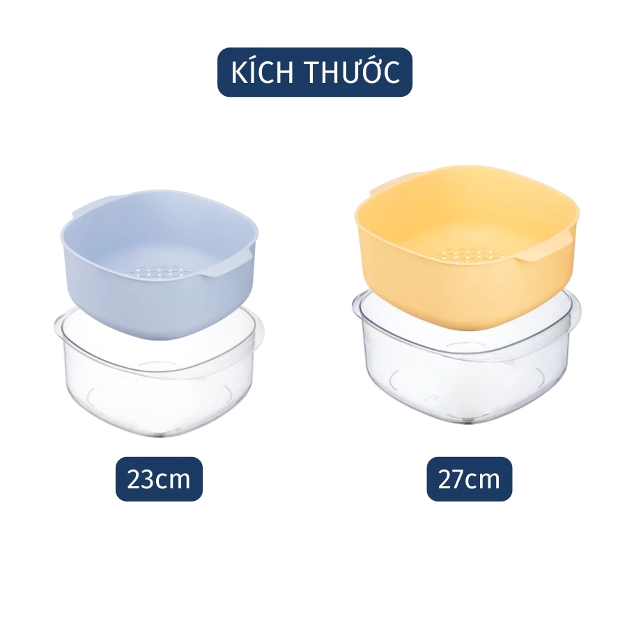 Bộ thau rổ nhựa vuông inochi Yoko chính hãng, rổ to kèm thau trong suốt đựng rửa rau tiện lợi, an toàn, kháng khuẩn - 5