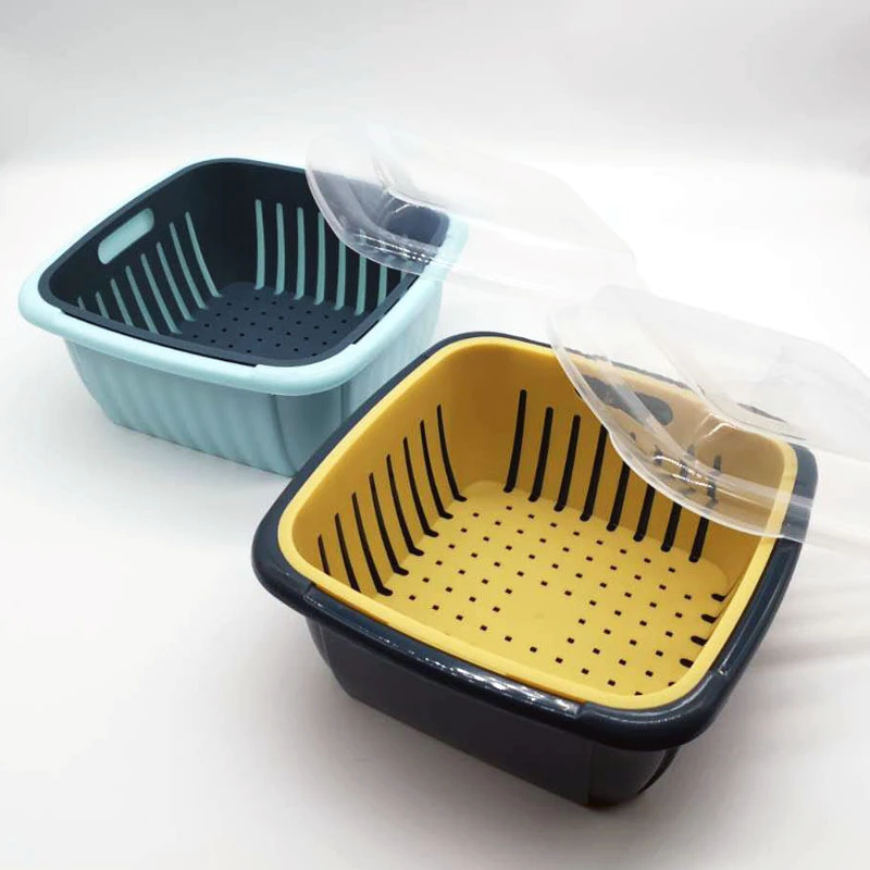Bộ Rổ Vuông Kèm Thau Có Nắp Đậy 3in1 Đựng Hoa Quả, Rau Củ Giúp Ráo Nước Chất Liệu Nhựa PP - 5