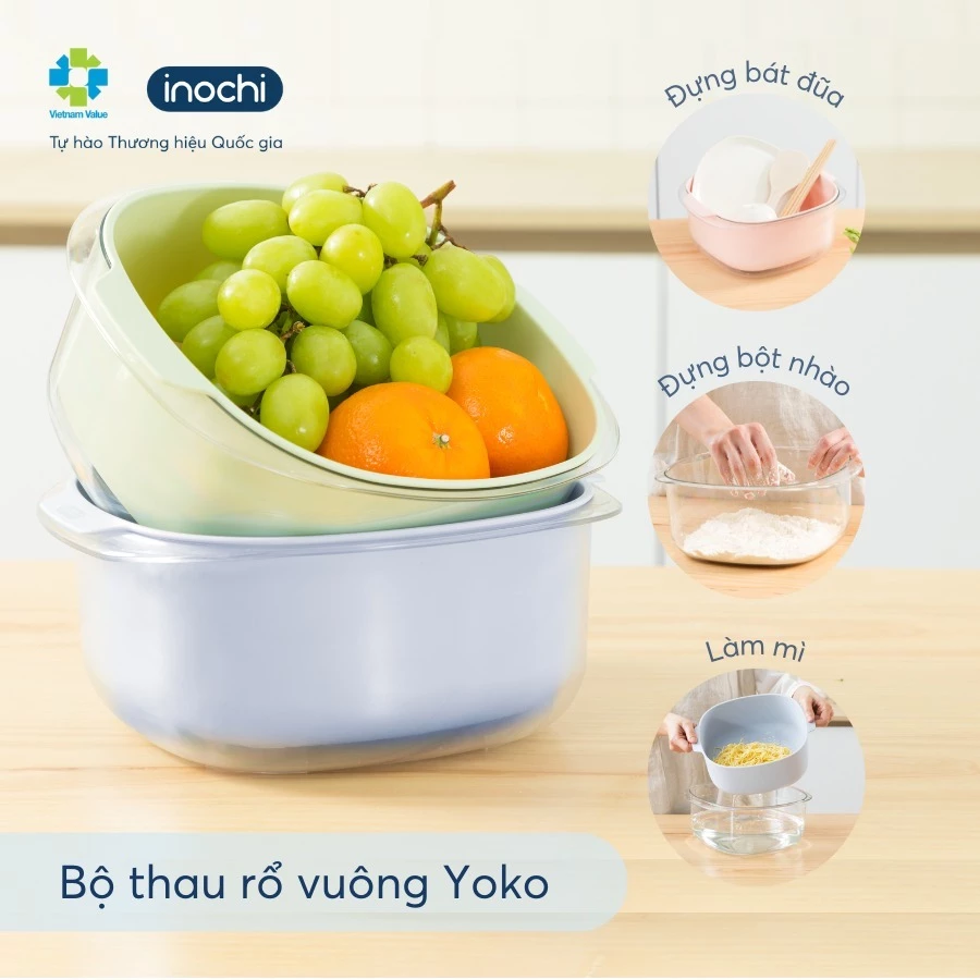 Bộ thau rổ vuông Yoko Inochi – hai lớp tiện dụng, đựng trái cây rau củ, nhựa cao cấp siêu bền đẹp - 2