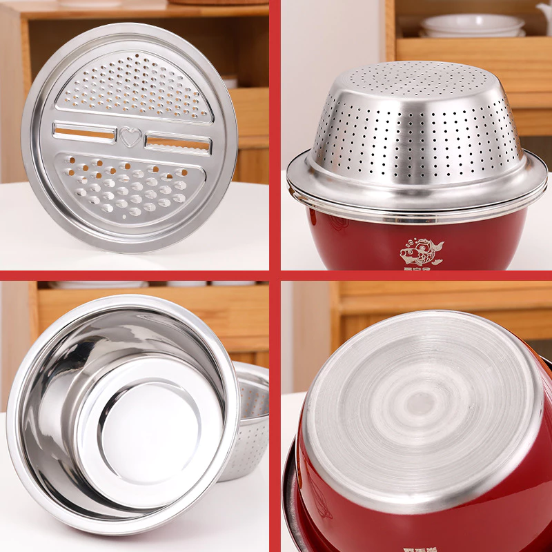 Bộ Thau (chậu) Inox -3 Món Gồm Thau size 26cm +Rổ Và Vỉ Bào Rau Củ Dày Đẹp Chắc Tiện Lợi. - 3