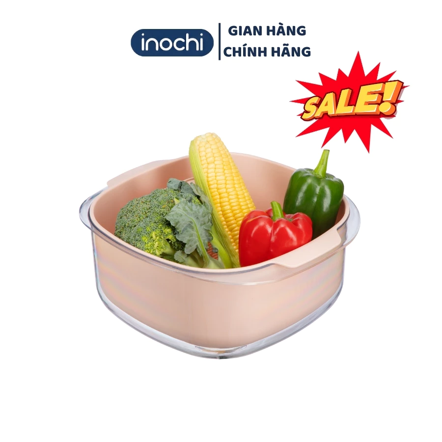 Bộ thau rổ nhựa vuông inochi Yoko chính hãng, rổ to kèm thau trong suốt đựng rửa rau tiện lợi, an toàn, kháng khuẩn
