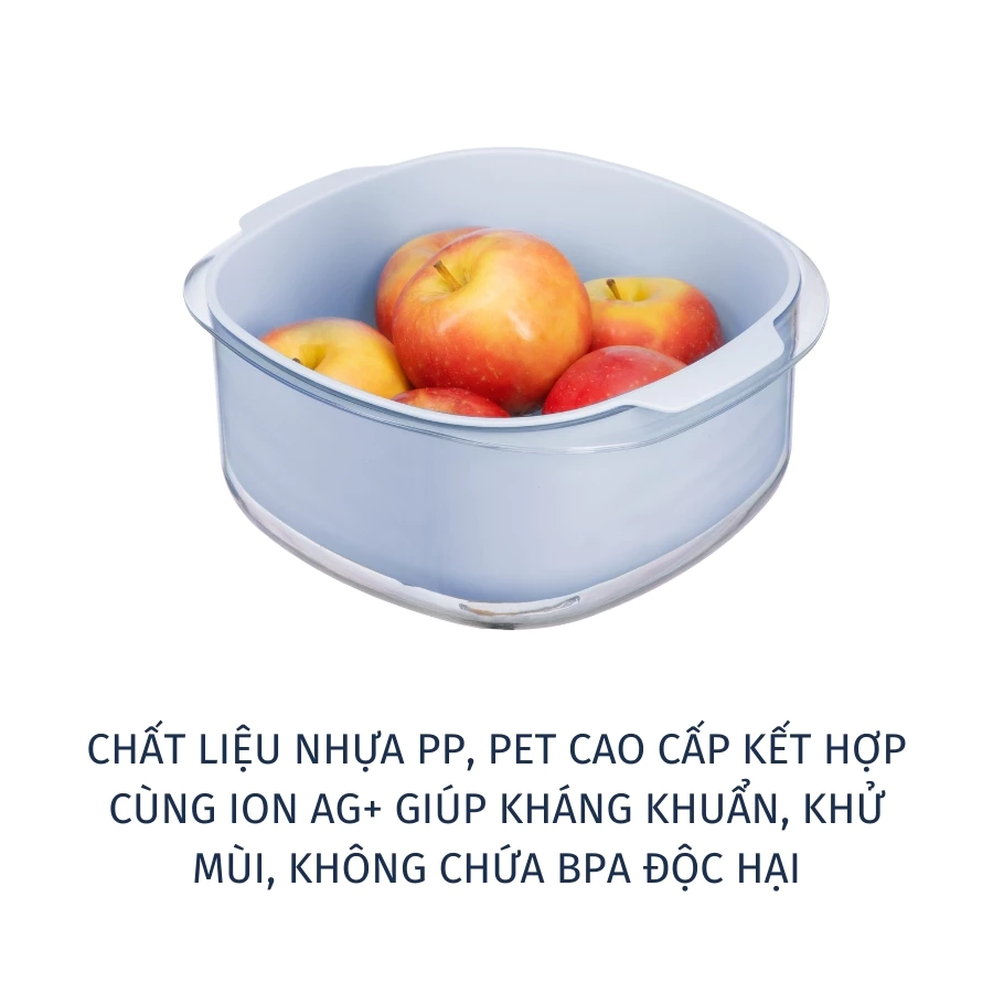 Bộ thau rổ nhựa vuông inochi Yoko chính hãng, rổ to kèm thau trong suốt đựng rửa rau tiện lợi, an toàn, kháng khuẩn - 2